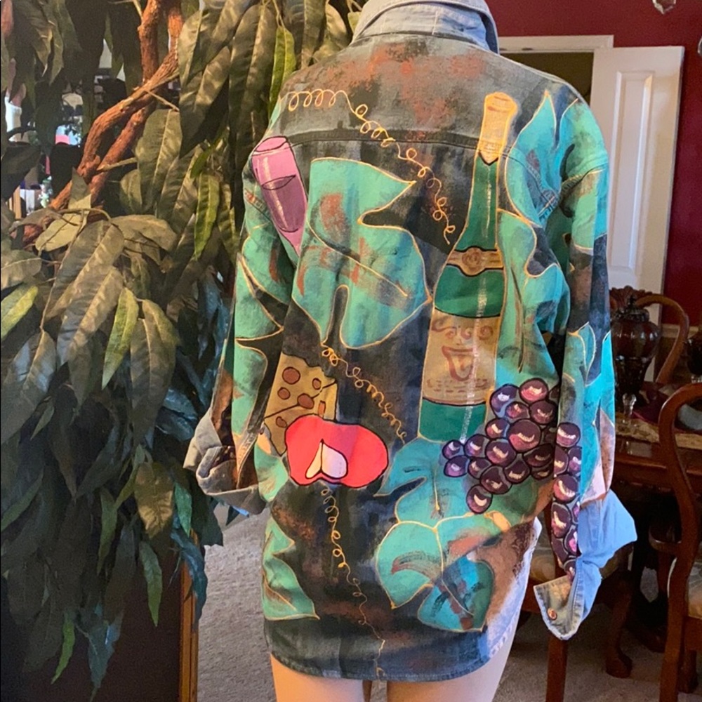 Hand painted Napa wine and cheese denim button down top - Picture 4 of 6